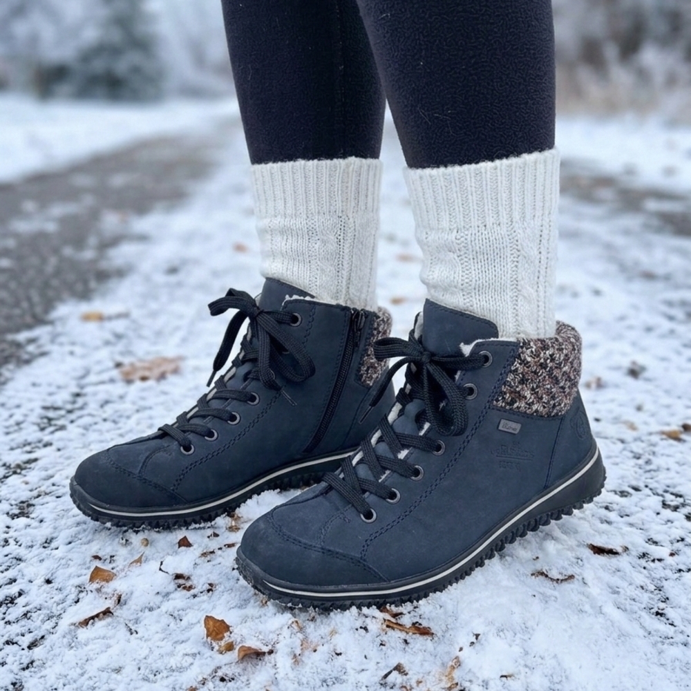 Rieker RiekerTex Black Mid-Top Ankle Boots Wool Lined Water Repellent Size 39/8